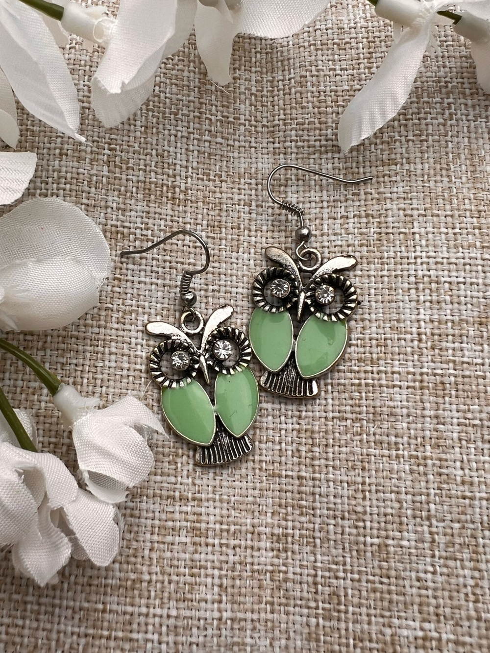 Silver and Green Y2K Enamel Dangly Owl Bird Earrings
